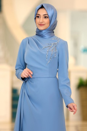 Taş Baskı Detaylı Pelerin Kuyruklu Krep Adel Abiye Elbise - Bebe Mavi - Thumbnail
