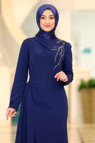 Taş Baskı Detaylı Pelerin Kuyruklu Krep Adel Abiye Elbise - İndigo - Thumbnail