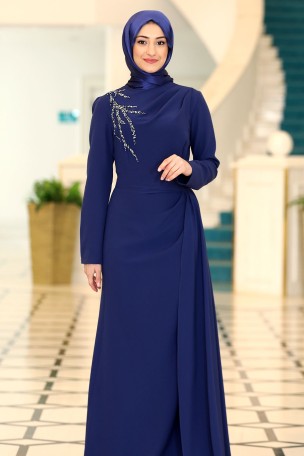 Taş Baskı Detaylı Pelerin Kuyruklu Krep Adel Abiye Elbise - İndigo - Thumbnail
