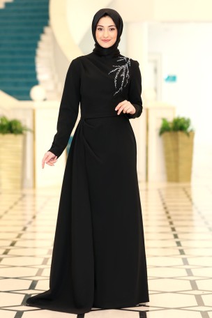 Taş Baskı Detaylı Pelerin Kuyruklu Krep Adel Abiye Elbise - Siyah - Thumbnail