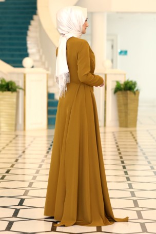 Taş Baskı Detaylı Pelerin Kuyruklu Krep Adel Abiye Elbise - Yağ Yeşili - Thumbnail