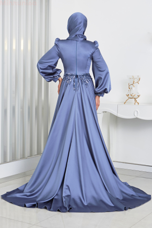 Taş Ve Drape Detaylı Pelerin Kuyruklu İncila Abiye - İndigo - 2