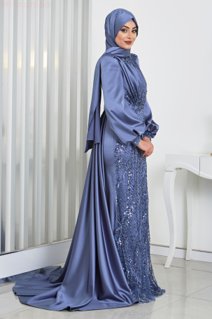 Taş Ve Drape Detaylı Pelerin Kuyruklu İncila Abiye - İndigo - 4