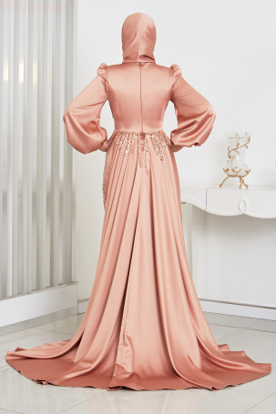 Taş Ve Drape Detaylı Pelerin Kuyruklu İncila Abiye - Rose - 2