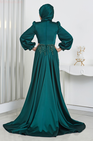 Taş Ve Drape Detaylı Pelerin Kuyruklu İncila Abiye - Zümrüt - 2
