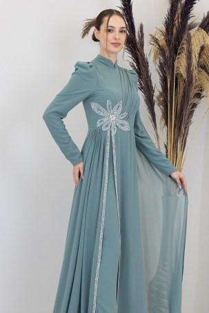 Taşlı Çiçek İşlemeli Çiçek Tulum - Mint - 4