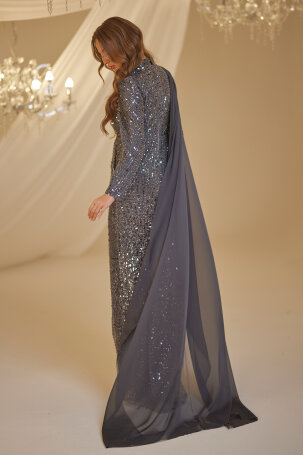 Tulle Detail Beaded Shoulder Adel Evening Dress - Anthracite - 2