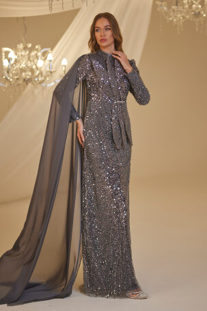 Tulle Detail Beaded Shoulder Adel Evening Dress - Anthracite - 4